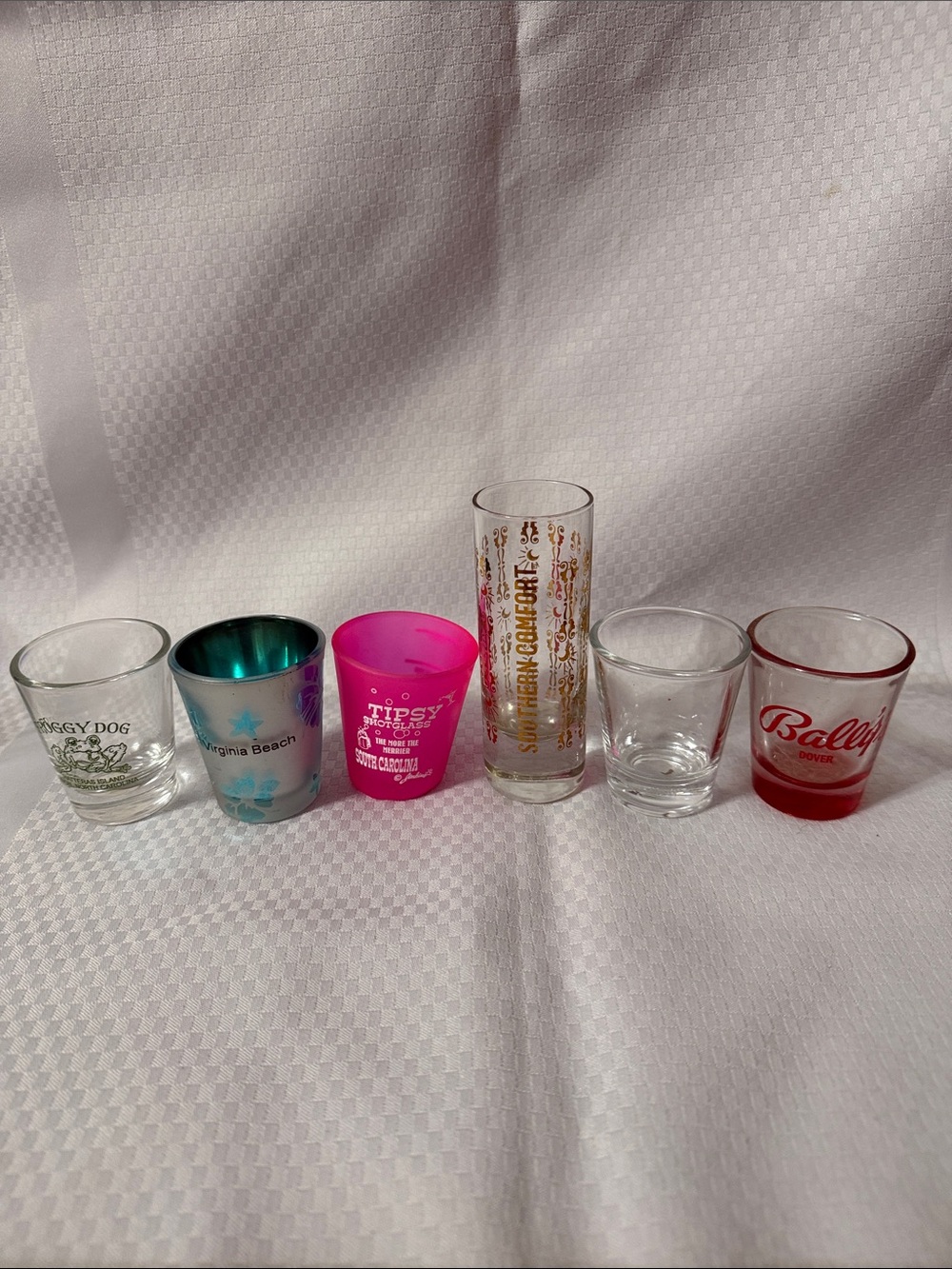 Assorted Branded Shot Glasses Collection – Lot of 6 with one double shot glass